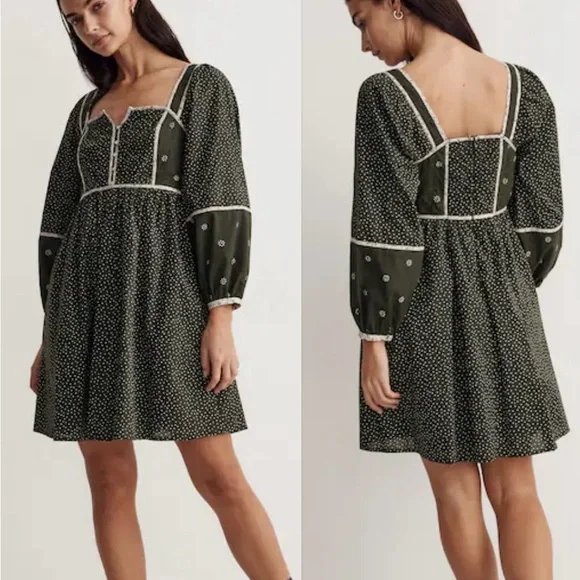 Madewell Mix Square-neck Green Quilted Floral Spring Prairie Mini Dress Size 2 - Picture 1 of 12